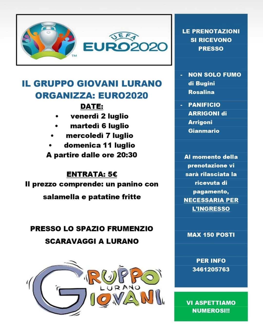 ⚽️🥅EUROPEI IN PIAZZA 2020⚽️🥅

Il Gruppo giovani Lurano comunica che causa mal tempo non sarà possibile trasmettere la partita.
