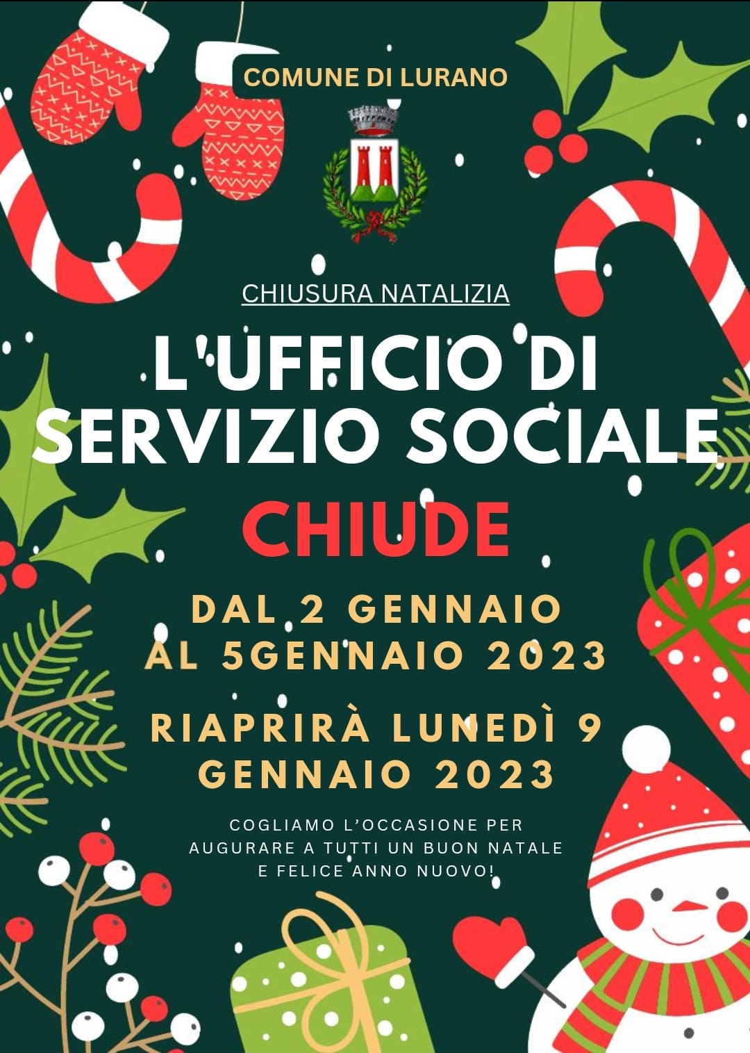 Immagine che raffigura AVVISO ALLA CITTADINANZA - CHIUSURA NATALIZIA UFFICIO SERVIZI SOCIALI
