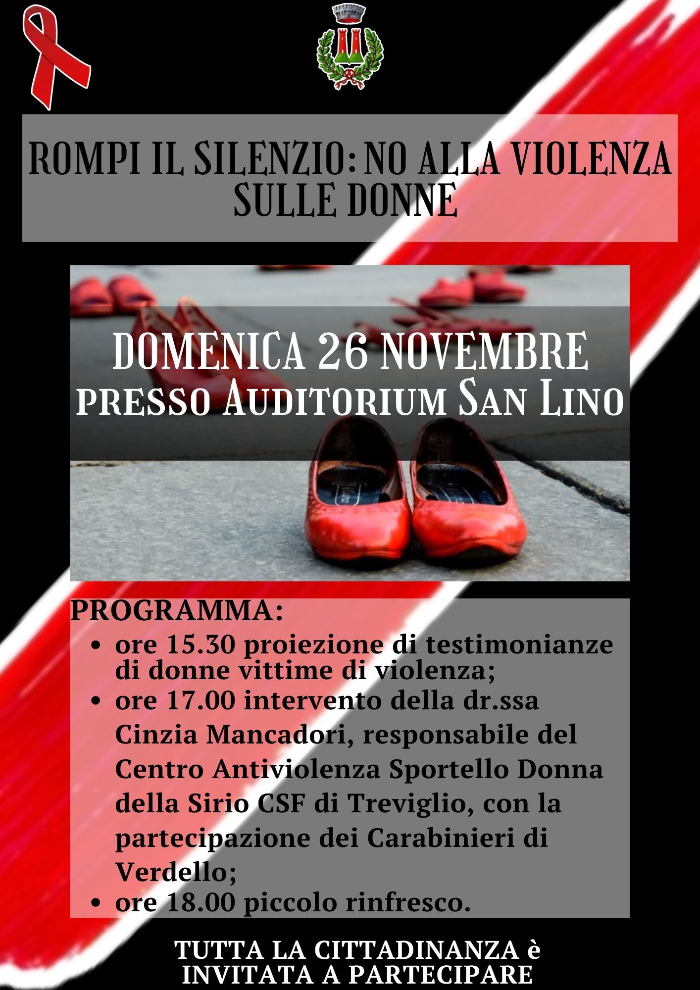...APPUNTAMENTO DOMENICA 26 NOVEMBRE 2023
In occasione della giornata internazionale contro la violenza sulle donne DOMENICA 26 NOVEMBRE alle ore 15.30 presso l’Auditorium San Lino si terrà un incontro con la Dr.ssa Cinzia Mancadori, Responsabile del Centro Antiviolenza Sportello Donna della Sirio CSF di Treviglio che da anni è attiva sul territorio per aiutare le donne vittime di violenza.
